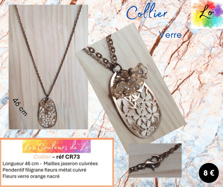 Collier cuivré fleurs filigrane métal fleurs verre orange nacré Les Couleurs de Lo