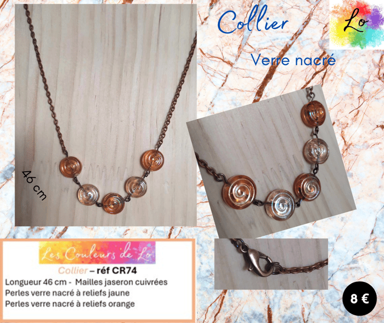 Collier cuivré verre à reliefs orange jaune Les Couleurs de Lo