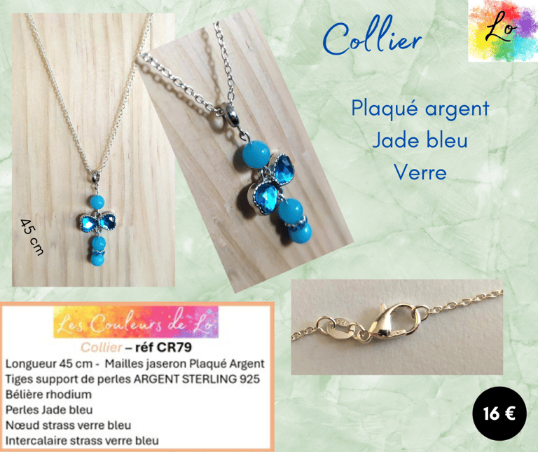 Collier Plaqué argent Jade bleu strass Les Couleurs de Lo