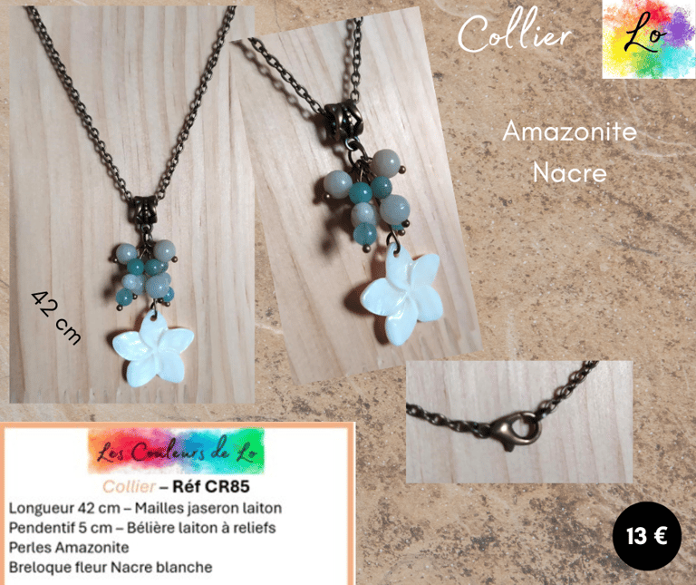 Collier laiton pendentif Amazonite breloque fleur Nacre Les Couleurs de Lo