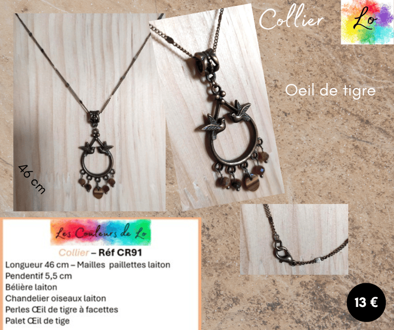 Collier laiton pendentif chandelier oiseaux Œil de tigre Les Couleurs de Lo