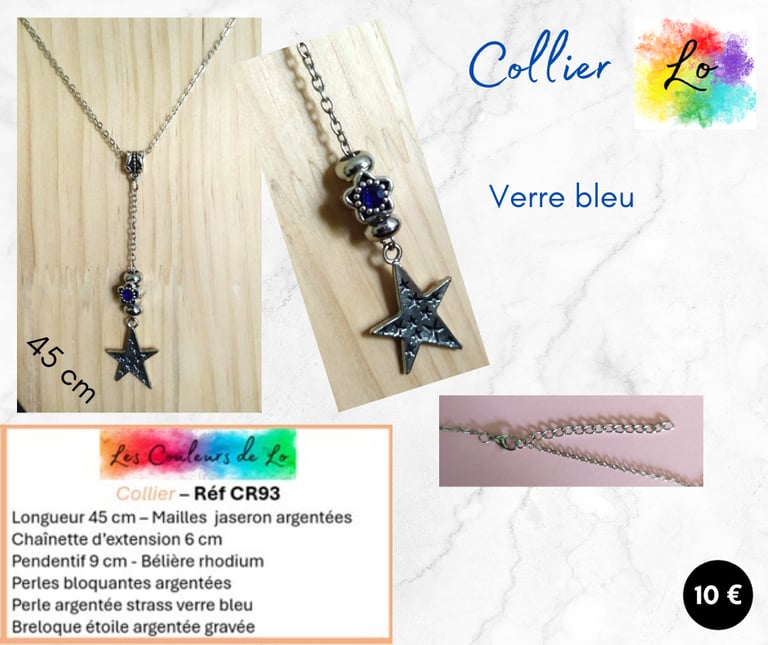 Collier argenté perle étoile strass verre bleu étoile gravée Les Couleurs de Lo