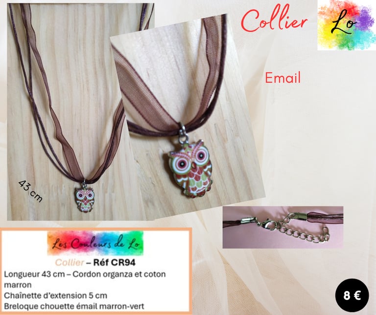 Collier cordon organza-coton marron chouette émail marron-vert Les Couleurs de Lo
