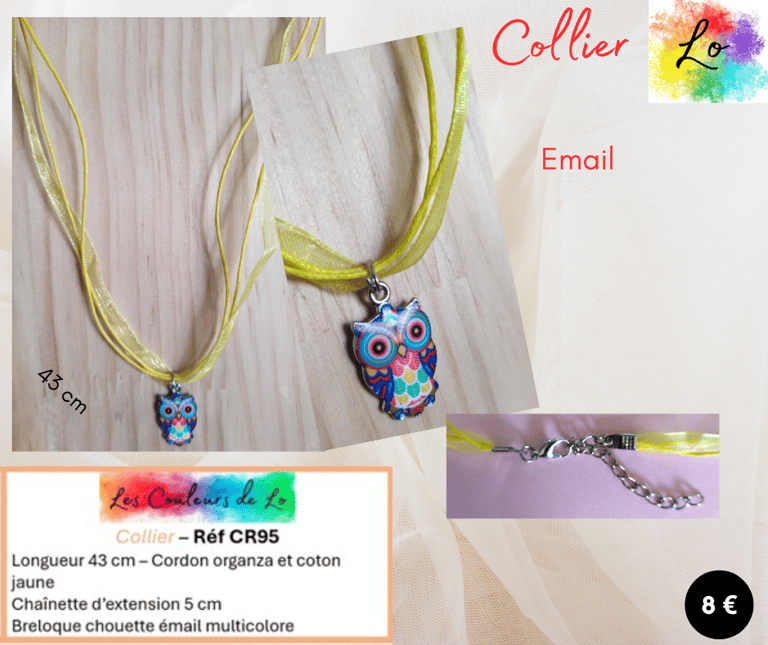 Collier cordon organza-coton jaune chouette émail multicolore Les Couleurs de Lo