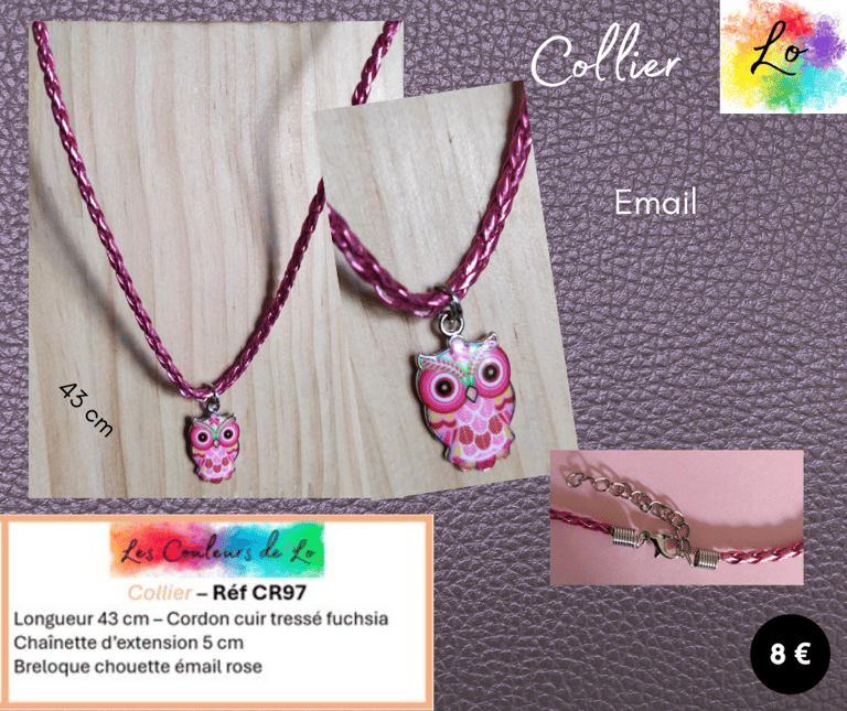 Collier cuir tressé fuchsia chouette émail rose Les Couleurs de Lo