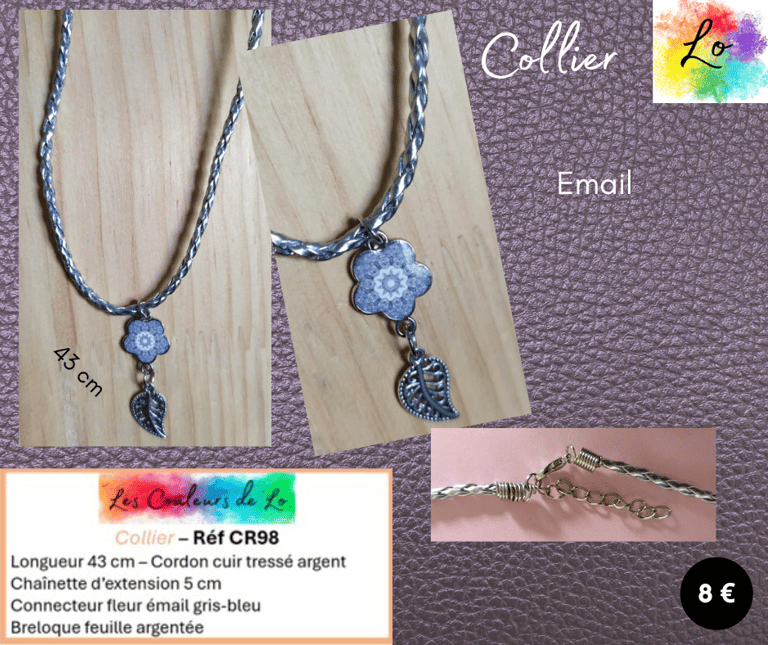 Collier cuir tressé argent fleur émail gris-bleu feuille argentée Les Couleurs de Lo