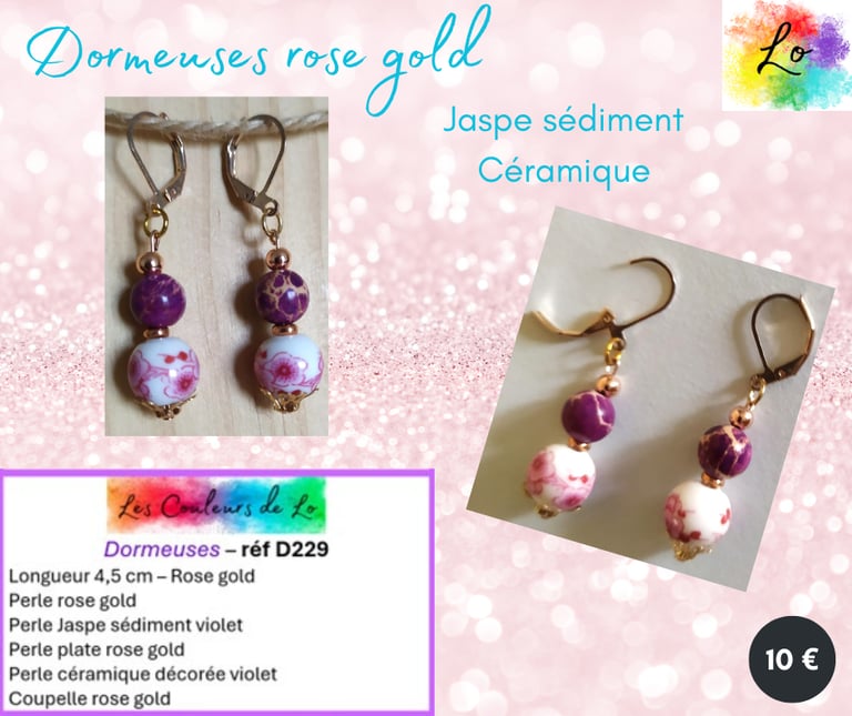 Boucles dormeuses rose gold Jaspe sédiment céramique décorée Les Couleurs de Lo