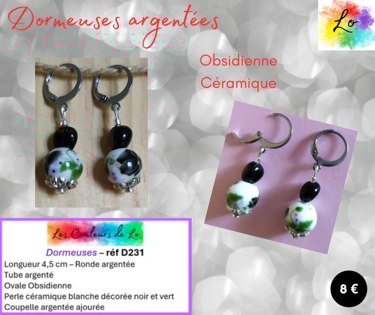 Boucles dormeuses argentées Obsidienne céramique décorée Les Couleurs de Lo