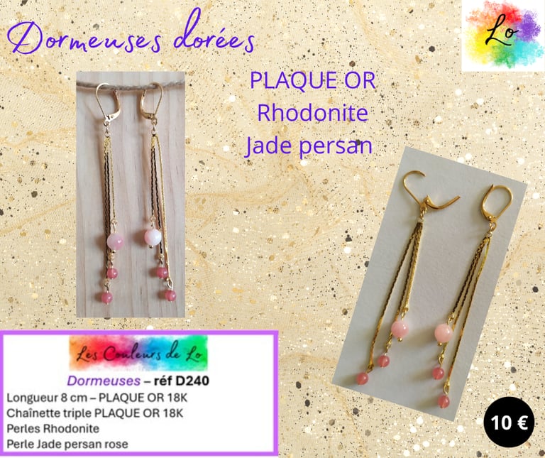 Boucles dormeuses Plaqué or chaînette triple Rhodonite Jade persan rose Les Couleurs de Lo