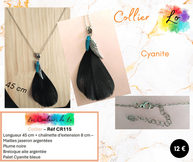 Collier argenté pendentif plume noire aile argentée Cyanite Les Couleurs de Lo
