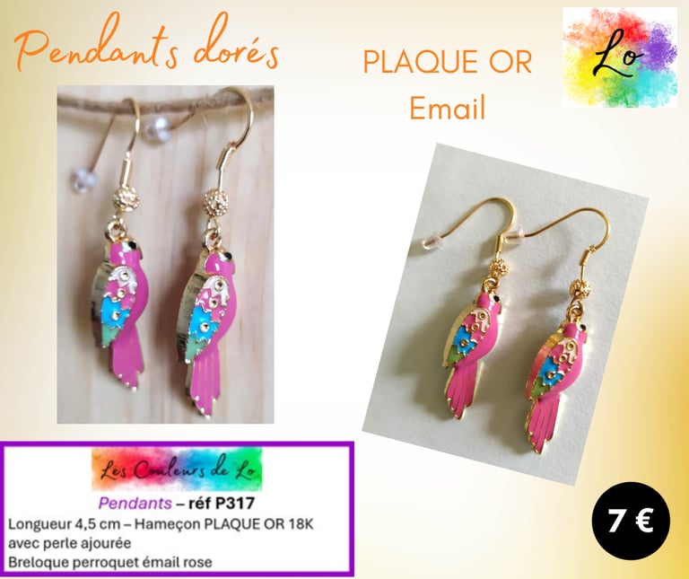 Boucles pendants Plaqué or perroquet émail rose Les Couleurs de Lo