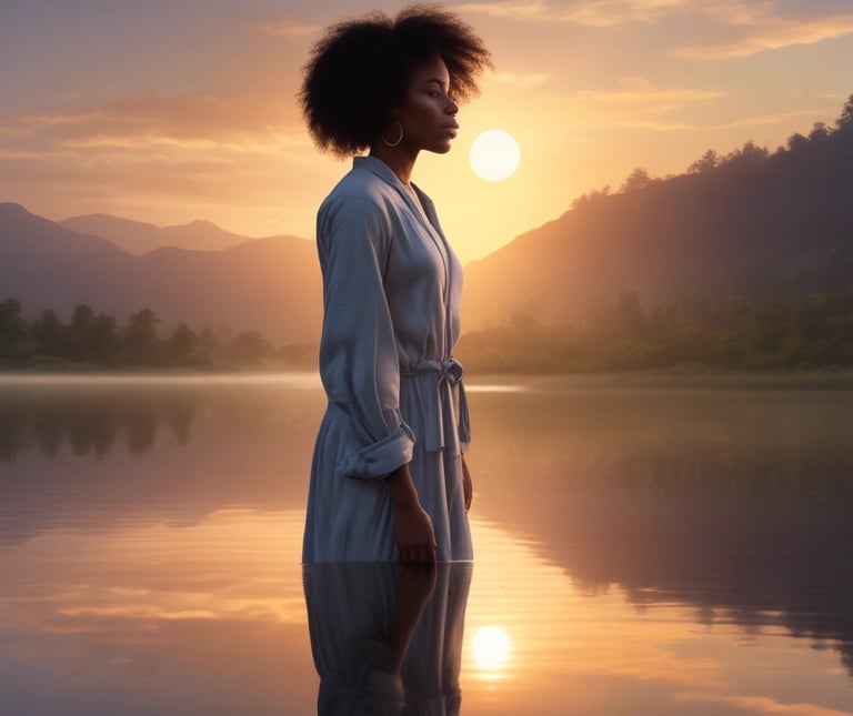 Woman pausing quietly in nature, symbolizing surrender and inner peace