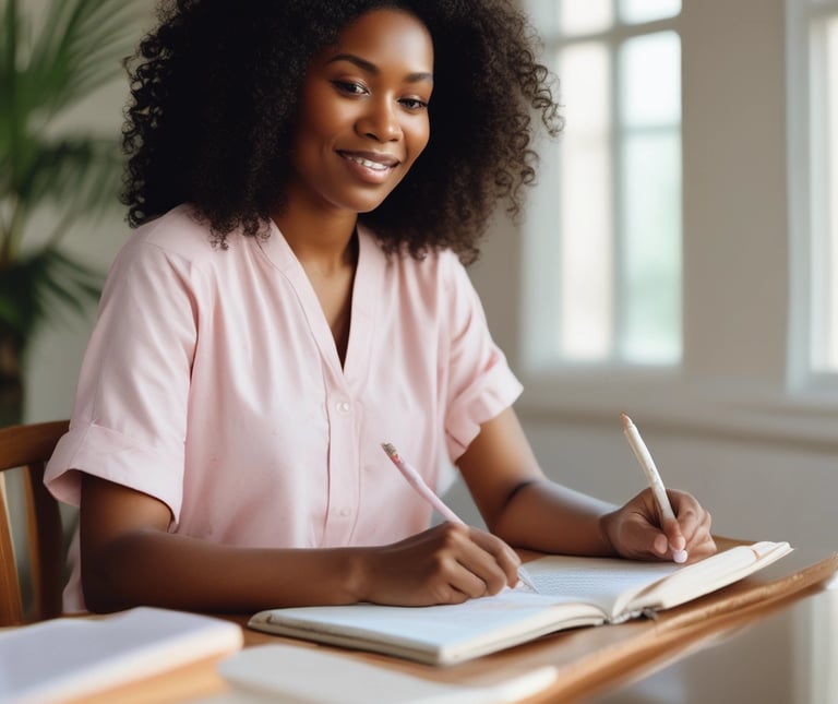Christian woman journaling with Bible, reflecting on humility, confidence, and identity in Christ