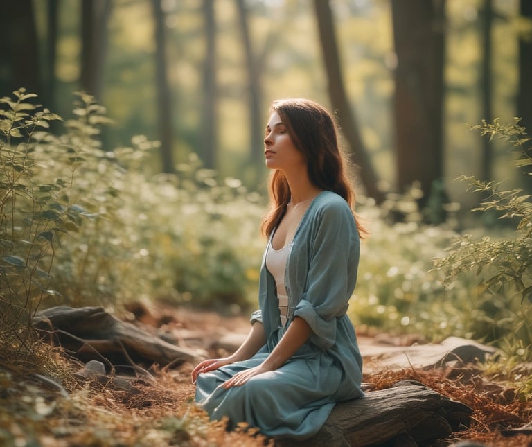 Woman pausing quietly in nature, symbolizing surrender and inner peace