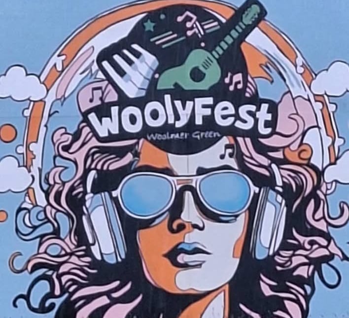 woolyfest woolmer green logo on a picture board