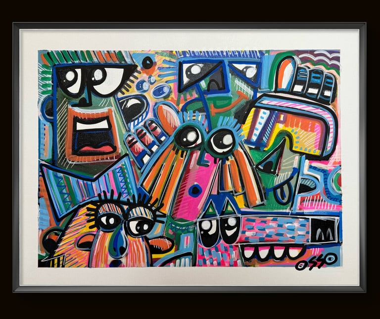a painting of a group of people with different faces