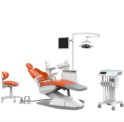 Professional orange dental chair unit with overhead LED light, monitor, and mobile dentist cart.