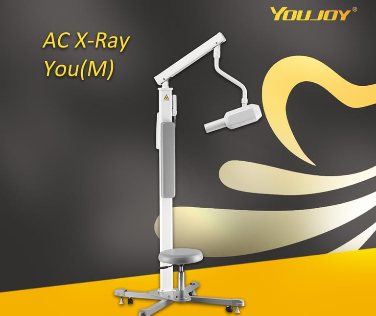 Portable Youjoy AC X-ray machine with adjustable arm and dental chair on a rolling base.