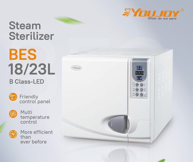 YOUJOY BES 18/23L B Class-LED steam sterilizer with digital control panel for medical autoclave use.