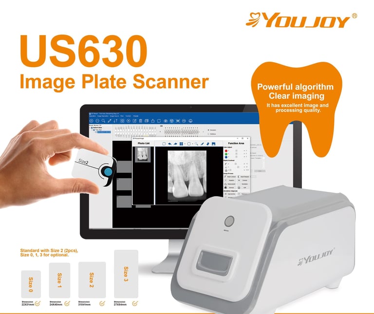 Youjoy US630 dental image plate scanner showing digital X-ray processing software and multiple sensor sizes.