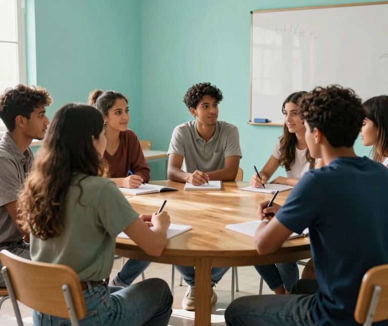 A group of diverse language students sitting around a round wooden table in a bright, modern classroom in Puerto de la Cruz, Canary Islands, Spain. Soft turquoise walls and natural sunlight create a warm and welcoming learning atmosphere.