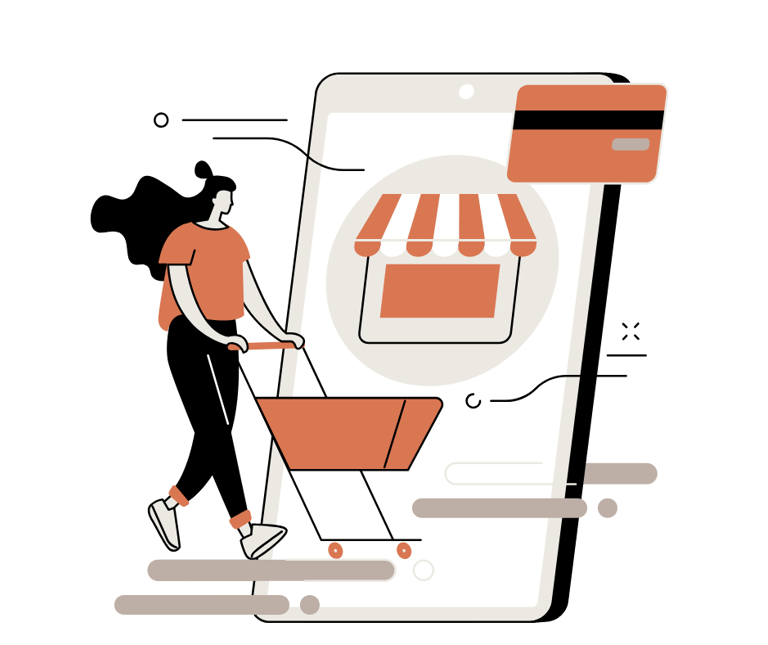 a woman walking down a street with a shopping carton