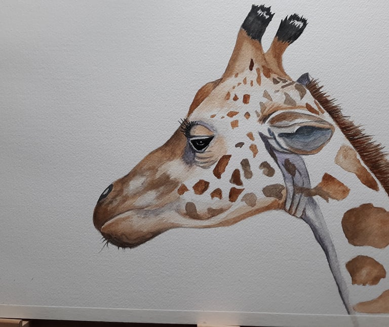watercolor painting of the head of a giraffe