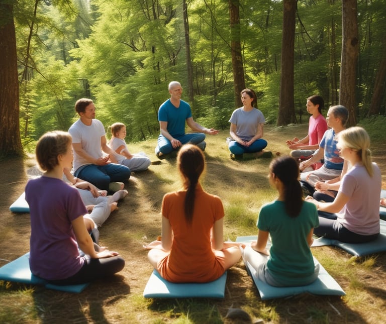 un grupo de personas en el bosque practican rituales de bienestar con Svitlana Bytka