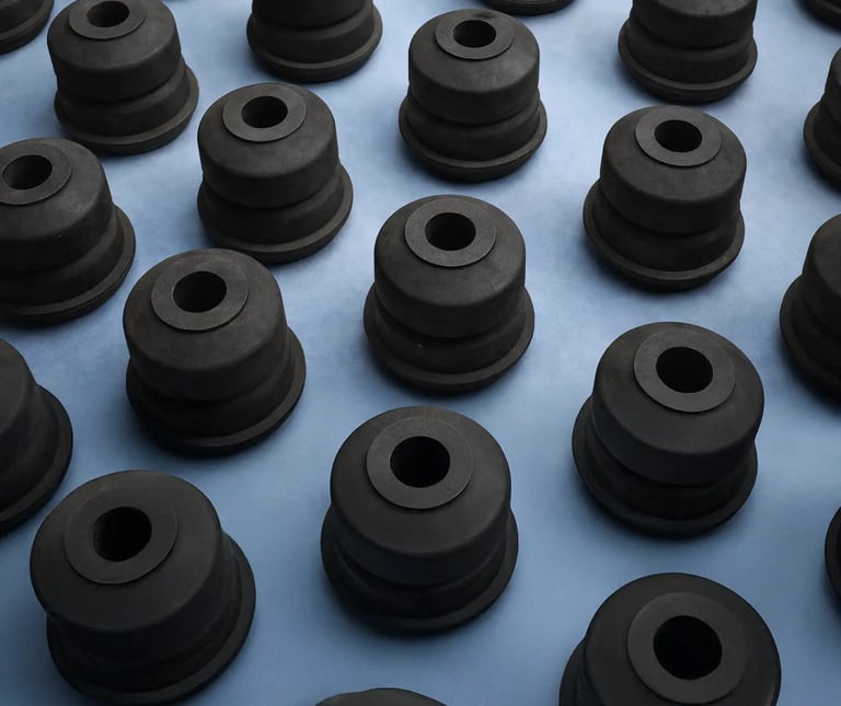 Componenti in gomma Hulemex allineati su sfondo blu, visual per branding consapevole del prodotto.