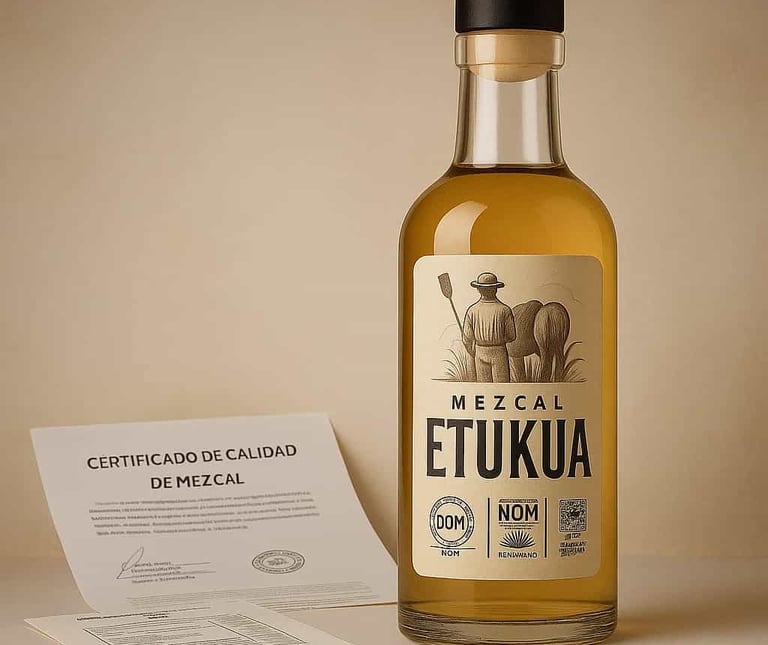  Botella de mezcal Etukua mostrando sus certificaciones y sellos oficiales de calidad