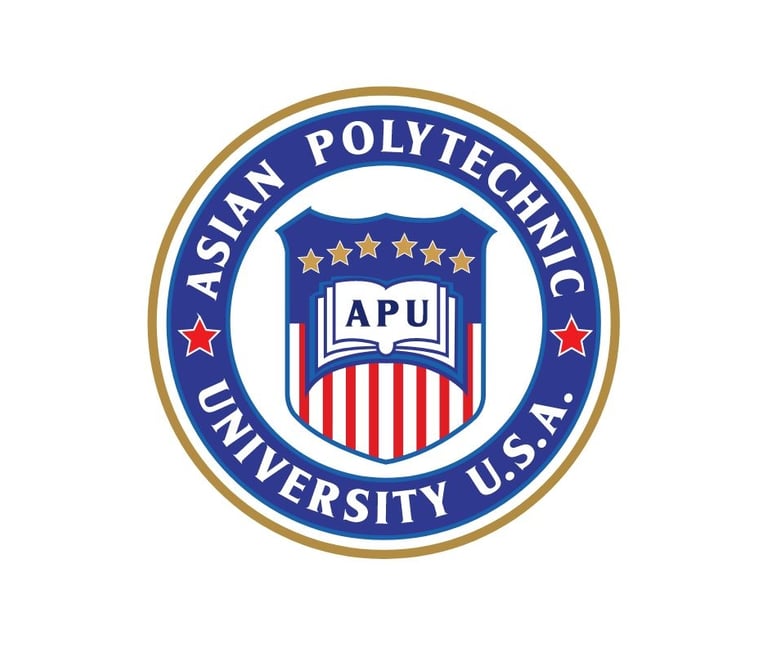 Asian Polytechnic University U.S.A. official circular logo featuring a red, white, and blue shield emblem.