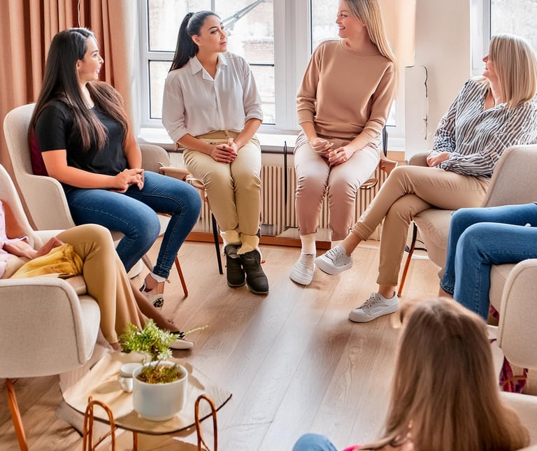 groupe de parole entre 8 femmes assises en cercle 