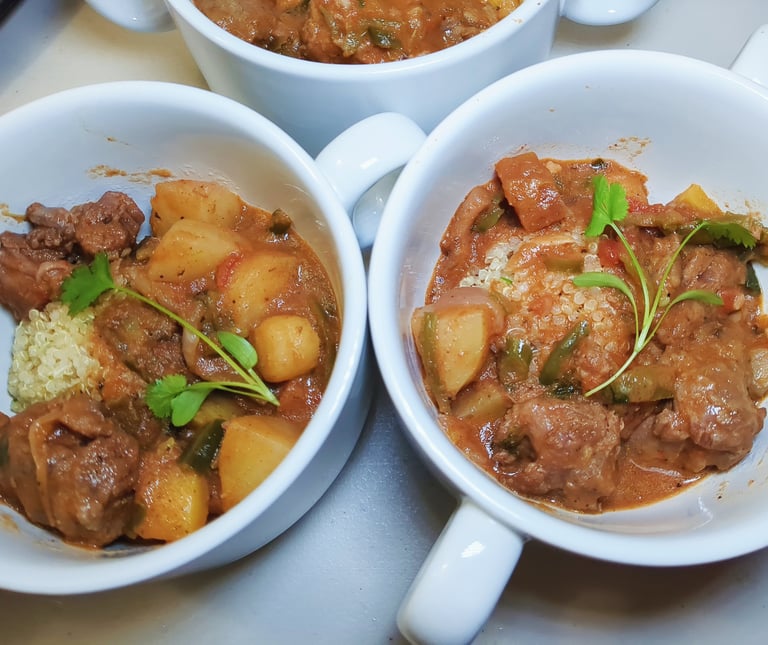 Caribbean Jerk-Spiced Vegetable and Lamb Stew with Cilantro Quinoa. Gluten-free, dairy-free, organic