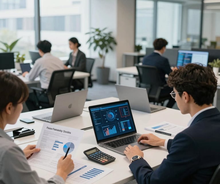 A clean, modern office space with a team collaborating over laptops and documents.