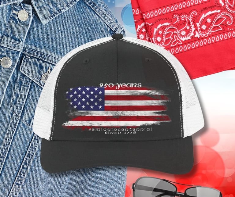 Black and white trucker hat with US flag and '250 years' text. Patriotic 250th Anniversary apparel.
