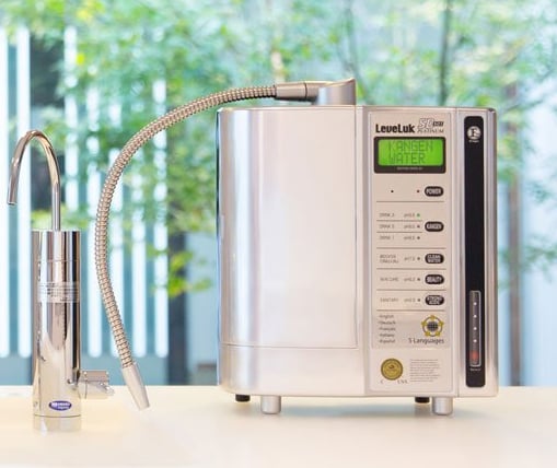Enagic Leveluk SD501 Platinum  Kangen Water ionizer on a countertop featuring a sleek modern look