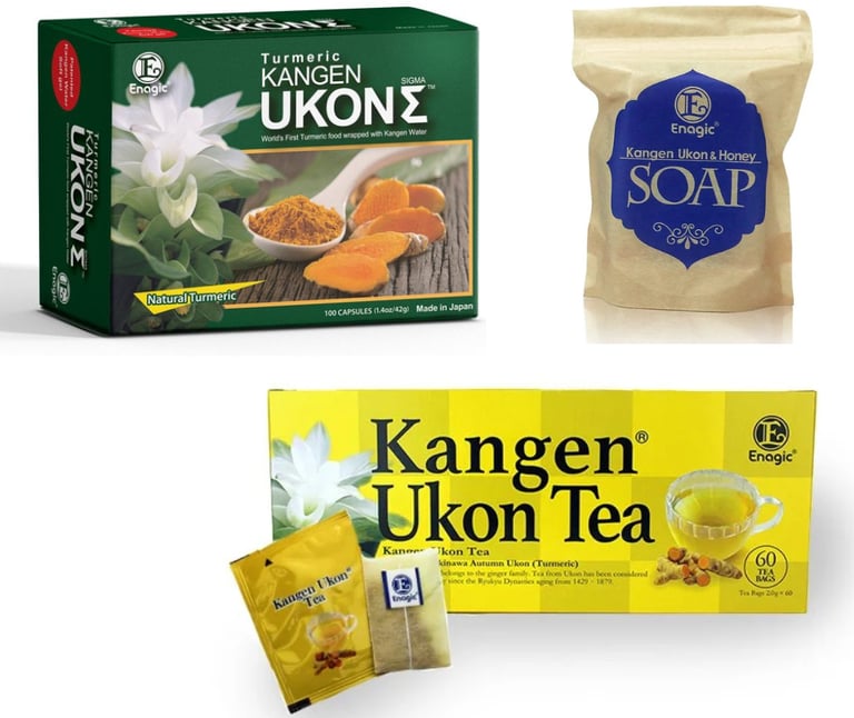 Kangen UKON is antioxidant, anti-inflammatory & antibacterial. Sold as a supplement, tea or soap.