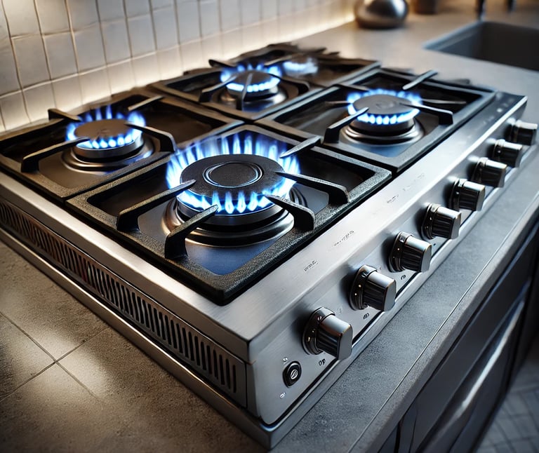 a gas stove top with a blue flames on it