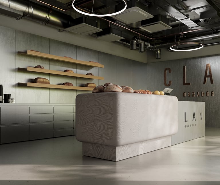 a counter top with a counter top and shelves