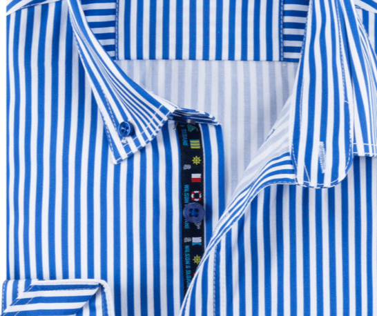 a close up of a blue striped Wilson and Sloane button up