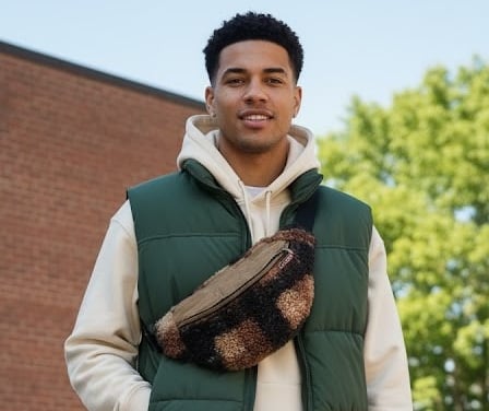 Jeune homme portant un sac banane texturé à motif camouflage.