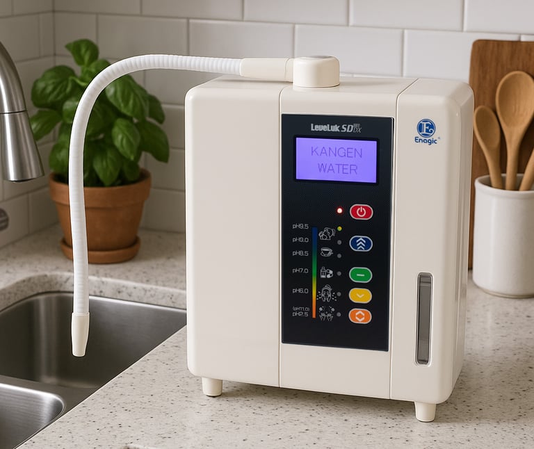 Enagic Leveluk SD501DX Kangen Water ionizer placed on a countertop featuring enhanced LCD display