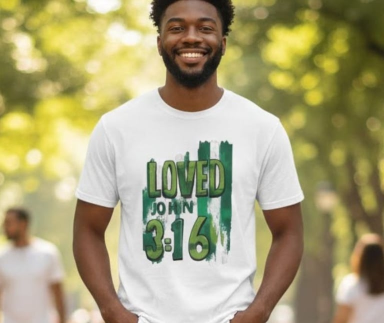 White tee St. Patrick theme Loved John 3:16 Bible Verse.