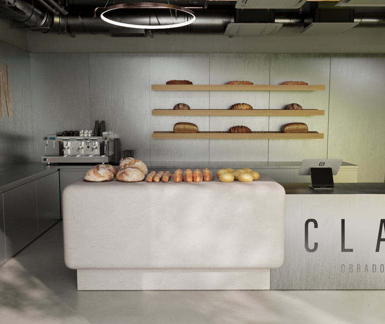 a counter top with a counter top and shelves with breaded bread