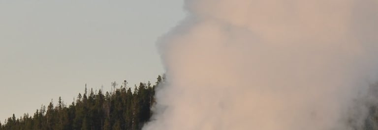 a large plume of steam rises from old faithful