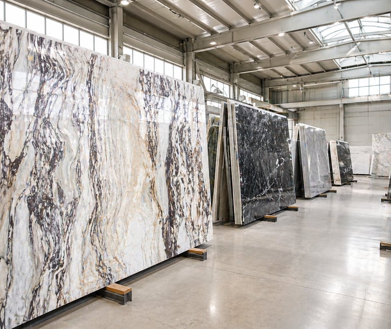 Large polished marble and granite slabs displayed in a bright industrial stone warehouse.