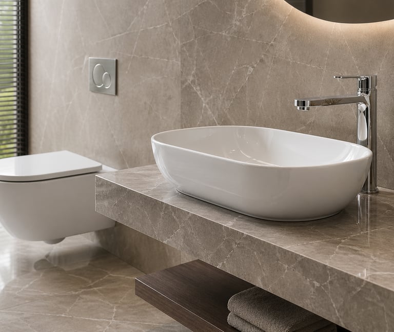 Modern luxury bathroom with white vessel sink on marble vanity and wall-hung toilet.
