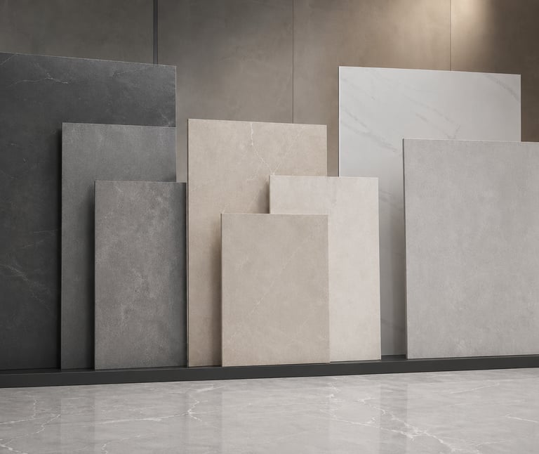 Display of large format porcelain tiles in neutral grey and beige tones for modern interior flooring.