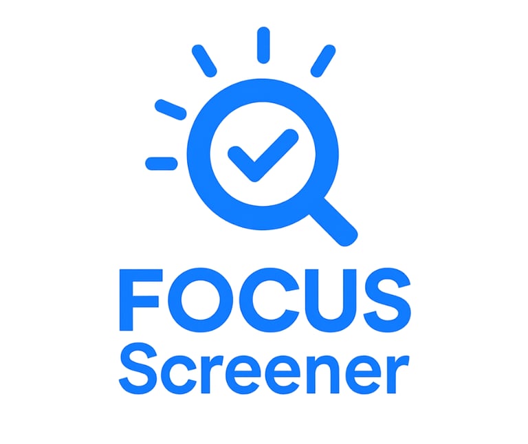 Focus Screener blue logo with a magnifying glass and checkmark for search evaluation.