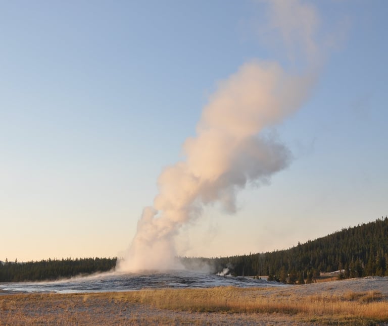a large plume of steam rises from old faithful